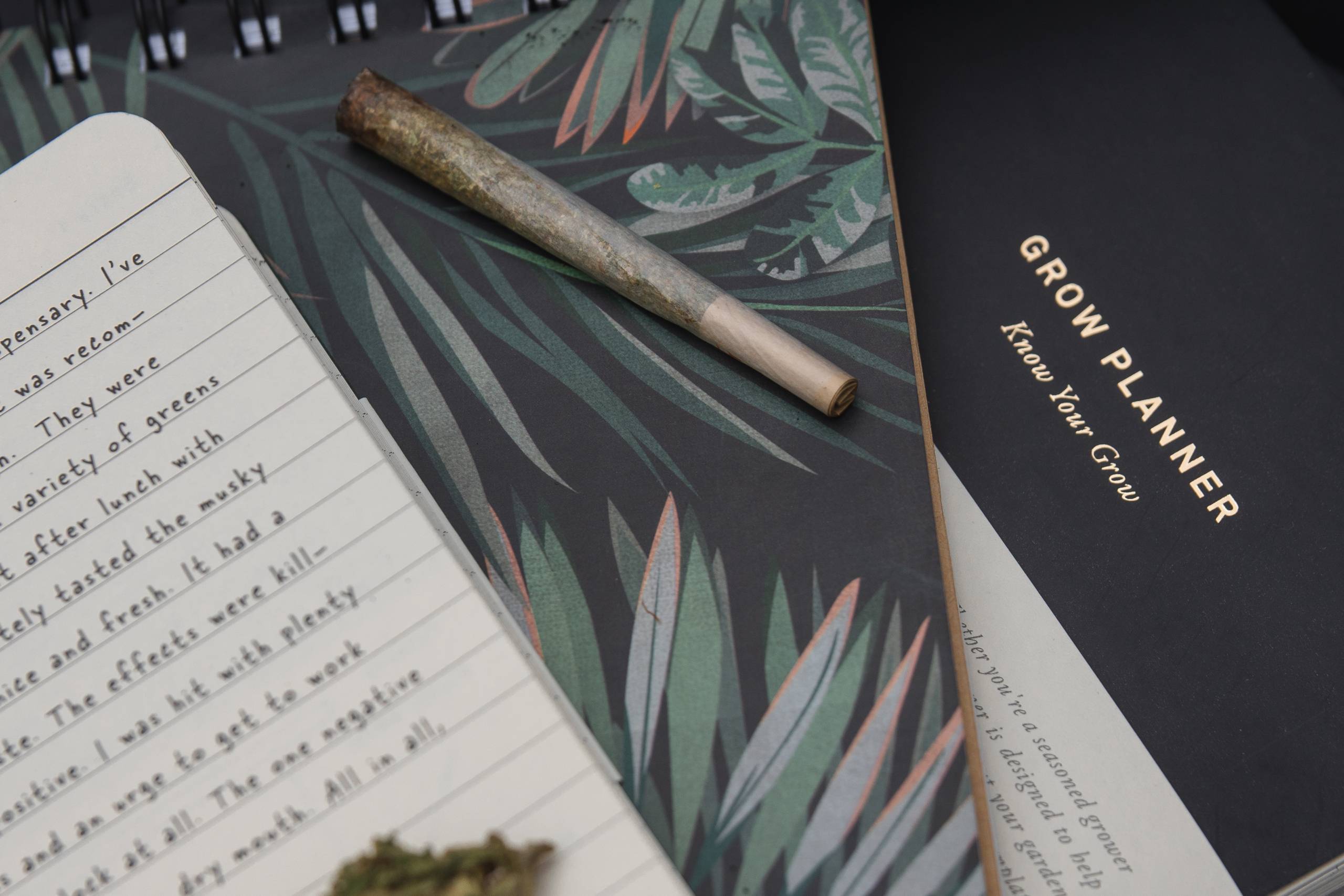 Close up cannabis joint and bud on notebook, diary and planner for growing marijuana. SpeedGreens
