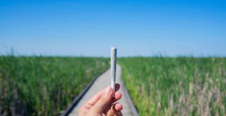 Hand holding a cannabis joint against trail and blue sky landscape at their 420 spot. SpeedGreens