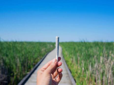 Hand holding a cannabis joint against trail and blue sky landscape at their 420 spot. SpeedGreens