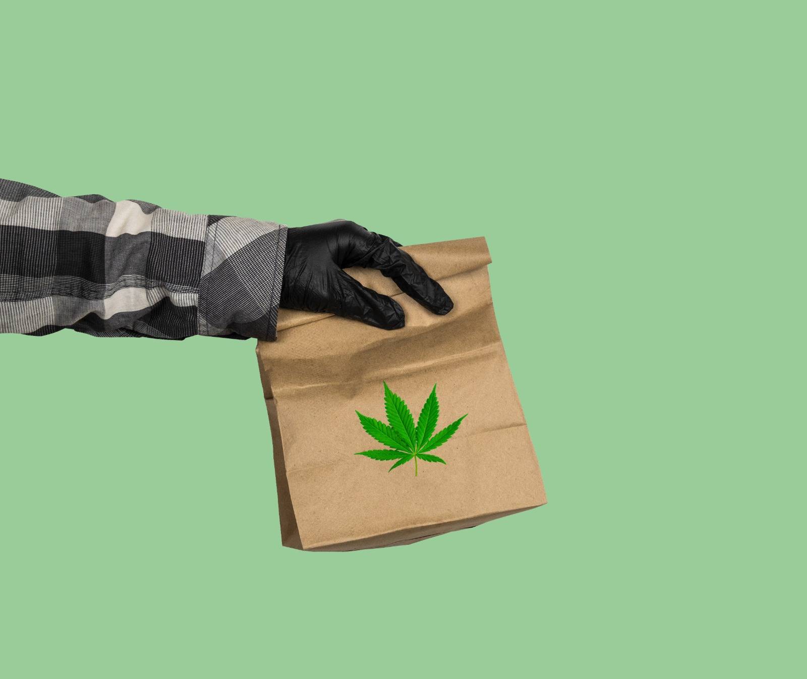 Weed delivery Toronto with hand of courier in black gloves holding package with cannabis leaf. Speed Greens