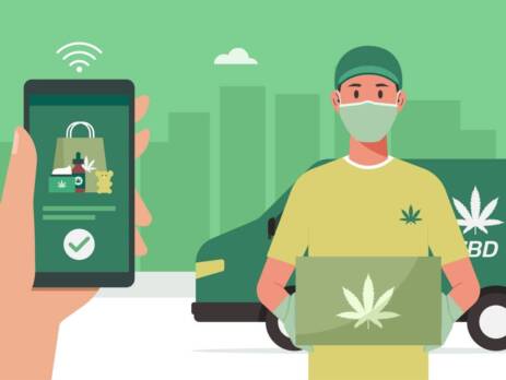 Weed delivery Toronto concept, delivery man with box waiting for customer. Speed Greens