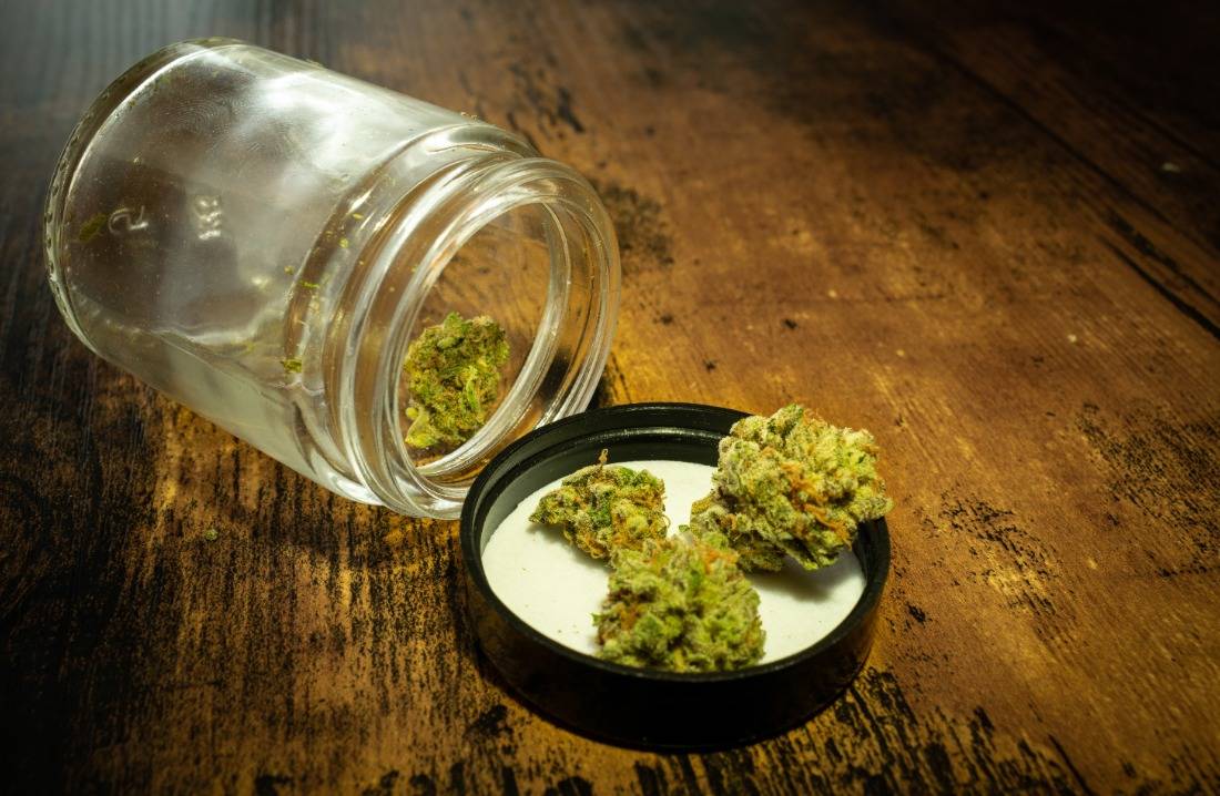 Cannabis in a jar at weed shops in Montreal. Speed Greens