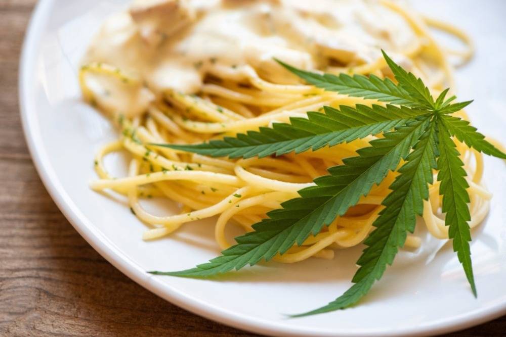 Spaghetti carbonara on plate with cannabis leaf and cannabutter. Speed Greens 