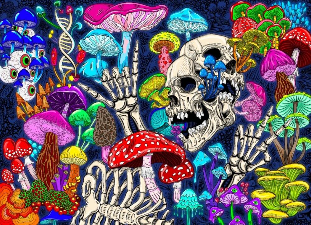 Abstract colorful background with bright magical psychedelic shroom edibles. Speed Greens