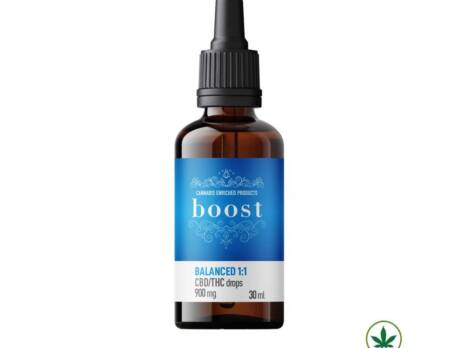 Boost 1:1 tincture with 450mg THC and 450mg CBD in organic MCT oil for balanced relief