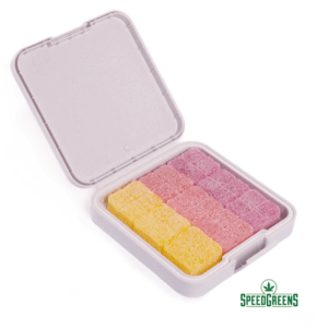 Close-up of Bliss Joyride Gummies in Dragonfruit, Passionfruit Orange Guava, and Yuzu Lemon flavors