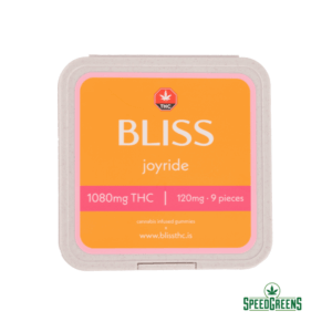 Resealable tin package of Bliss Joyride Gummies containing 9 gummies and total 1080mg THC