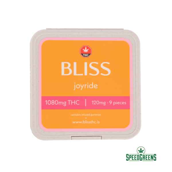 Resealable tin package of Bliss Joyride Gummies containing 9 gummies and total 1080mg THC