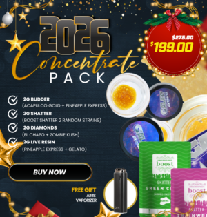 2026 Concentrate Pack with budder, shatter, diamonds, live resin jars and Airis Vaporizer for New Year's Eve dabbing.