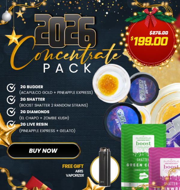 2026 Concentrate Pack with budder, shatter, diamonds, live resin jars and Airis Vaporizer for New Year's Eve dabbing.