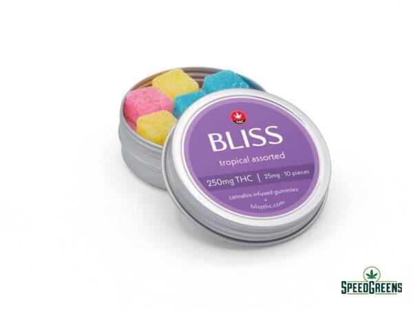 Bliss Edibles Tropical Assorted Gummies tin with 10 tropical THC gummies in blue, orange, and yellow flavours