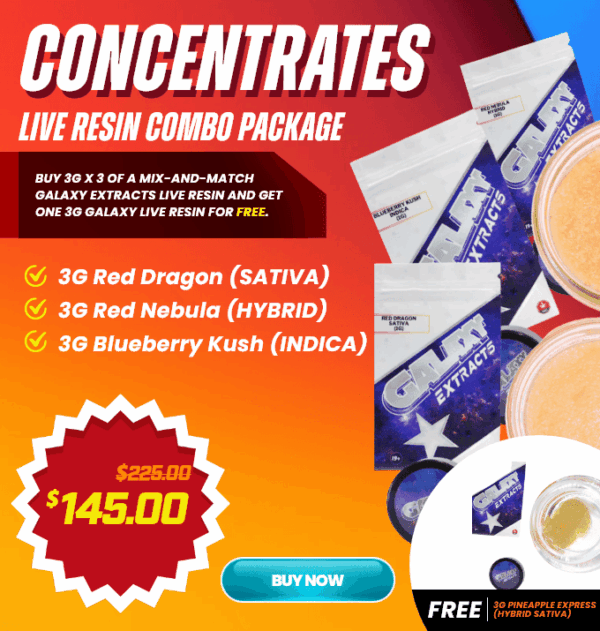 Galaxy Extracts live resin combo pack with multiple 3g jars including Red Dragon, Red Nebula, Blueberry Kush, and a FREE Pineapple Express live resin