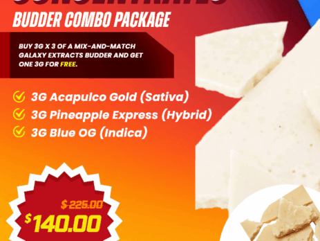 Galaxy Extracts budder combo pack showing 3g jars of Acapulco Gold, Pineapple Express, Blue OG plus FREE variety budder with creamy texture