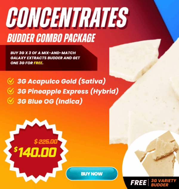Galaxy Extracts Budder Combo Package | 9g + FREE 3g Variety Galaxy Extracts budder combo pack showing 3g jars of Acapulco Gold, Pineapple Express, Blue OG plus FREE variety budder with creamy texture