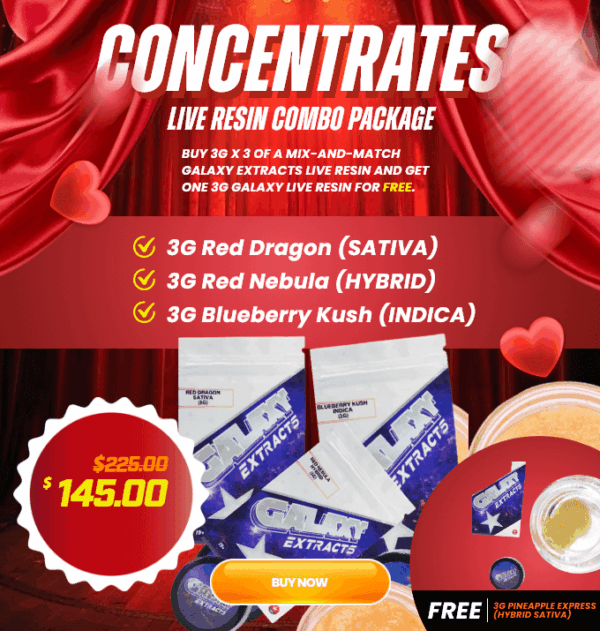 Galaxy Extracts Live Resin Combo Package | 9g + FREE 3g Galaxy Extracts live resin combo pack with multiple 3g jars including Red Dragon, Red Nebula, Blueberry Kush, and a FREE Pineapple Express live resin