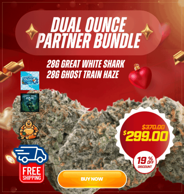 Dual Ounce Weed Bundle 56g | Great White Shark & Ghost Train Haze Dual ounce weed bundle featuring 28g Great White Shark and 28g Ghost Train Haze by Buddha Boys for Valentine's Day couples
