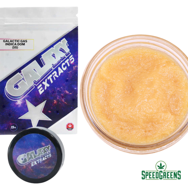 Galactic Gas live resin concentrate by Galaxy Extracts showing indica-dominant hybrid extract with 20% THC