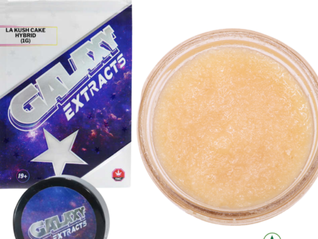 LA Kush Cake live resin concentrate by Galaxy Extracts showing balanced hybrid extract with 20-24% THC