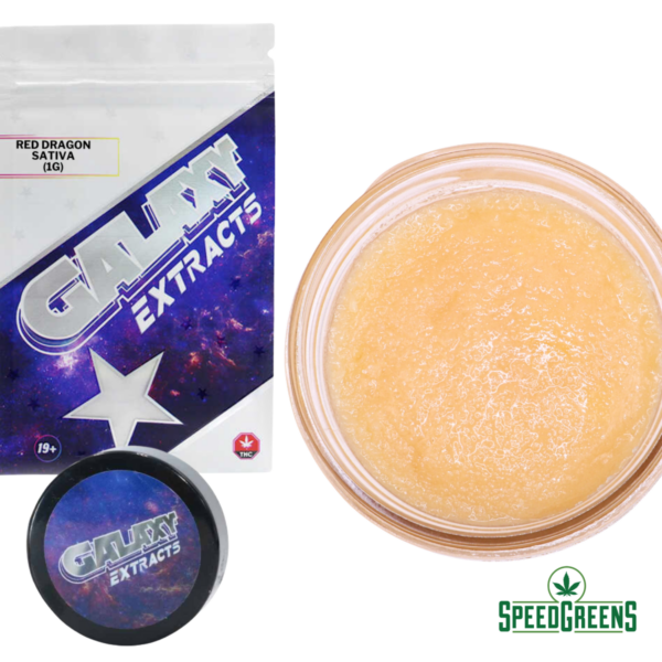 Red Dragon live resin concentrate by Galaxy Extracts showing sativa-dominant hybrid extract with 16%+ THC