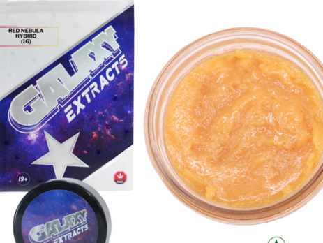 Red Nebula live resin concentrate by Galaxy Extracts showing balanced hybrid extract with 18-19% THC and 1-2% CBD