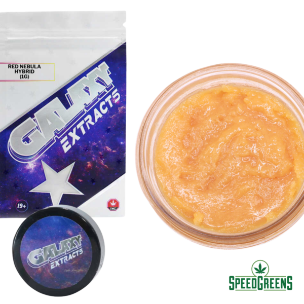 Red Nebula live resin concentrate by Galaxy Extracts showing balanced hybrid extract with 18-19% THC and 1-2% CBD