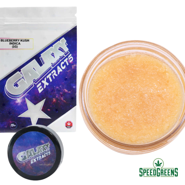 Blueberry Kush live resin concentrate by Galaxy Extracts showing premium indica extract with 24% THC in glass jar