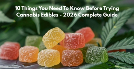 Colorful cannabis edibles including THC gummies, chocolate, and candy arranged on table - beginner's guide to trying cannabis edibles