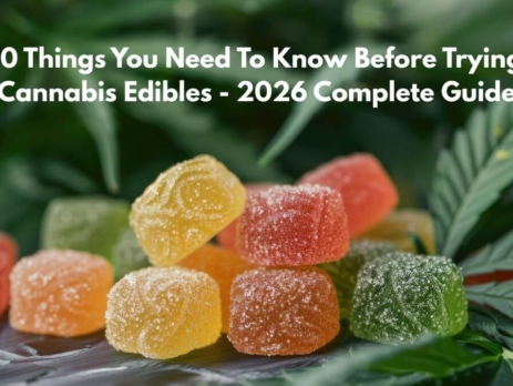 Colorful cannabis edibles including THC gummies, chocolate, and candy arranged on table - beginner's guide to trying cannabis edibles