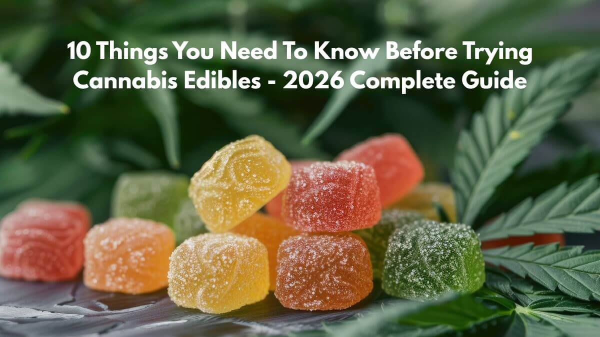 Colorful cannabis edibles including THC gummies, chocolate, and candy arranged on table - beginner's guide to trying cannabis edibles