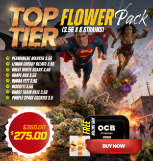 top tier flower pack with eight 3.5g strains plus OCB rolling tray gift bundle