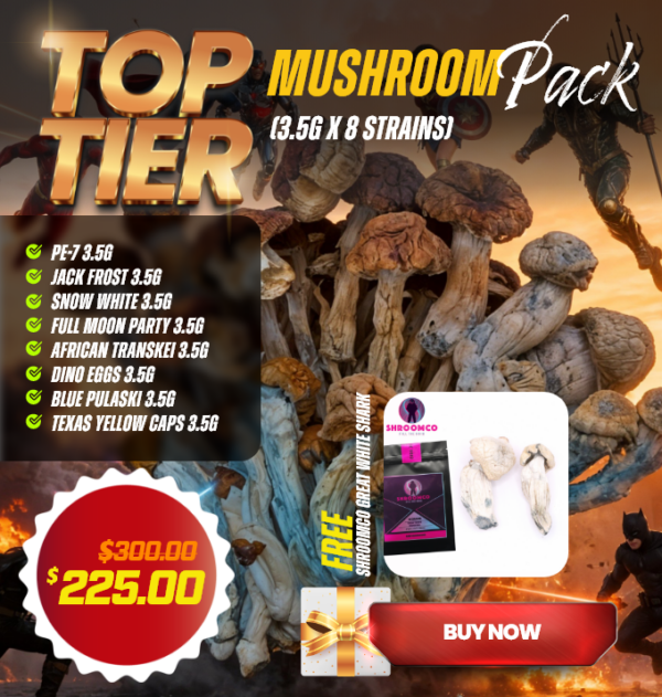 Top Tier Mushroom Pack 2026 (8 x 3.5g Strains) + ShroomCo Great White Monster Gift top tier mushroom pack 2026 with eight 3.5g magic mushroom strains plus ShroomCo Great White Monster 3.5g gift bundle