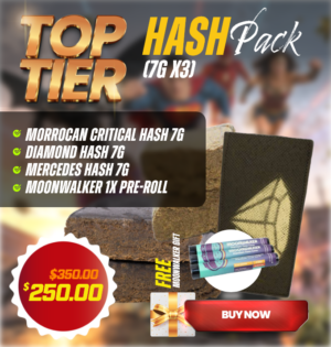 top tier hash pack bundle with Moroccan Critical Hash, Diamond Hash, and Mercedes Hash 7g each plus Moonwalker Premium Twax Cone gift