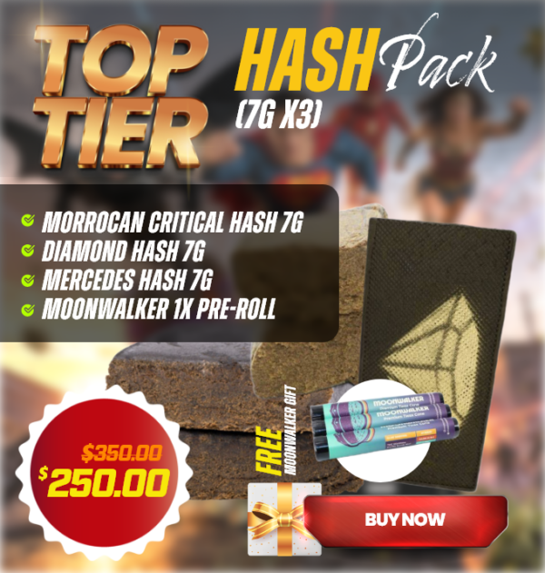 top tier hash pack bundle with Moroccan Critical Hash, Diamond Hash, and Mercedes Hash 7g each plus Moonwalker Premium Twax Cone gift