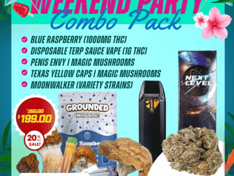 Weekend Party Combo Pack with THC edible 1g vape magic mushrooms pre rolls and free gifts for 199