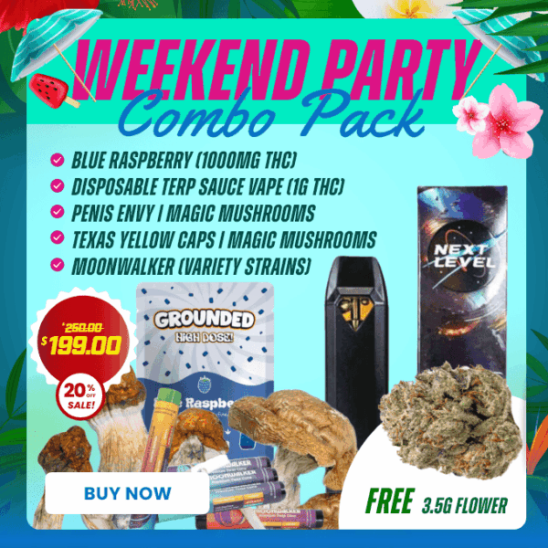 Weekend Party Combo Pack with THC edible 1g vape magic mushrooms pre rolls and free gifts for 199