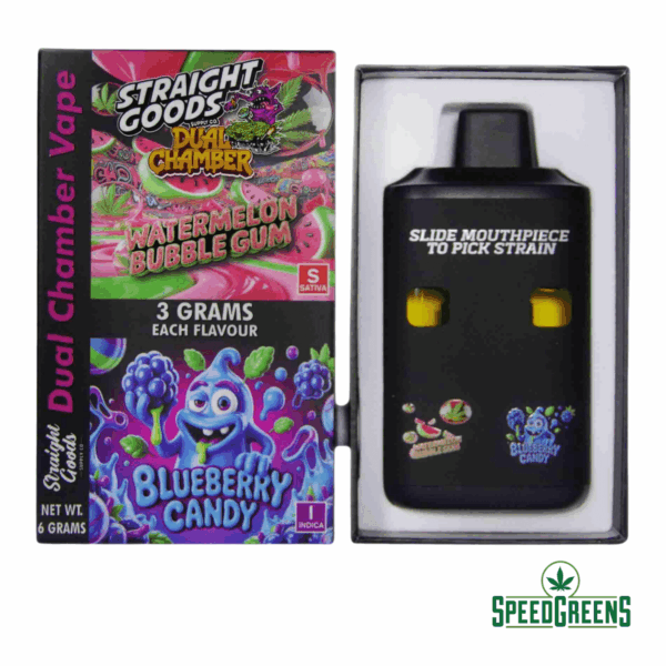 Straight Goods 6g dual-chamber THC vape with Watermelon Bubblegum (Sativa) and Blueberry Candy (Indica)