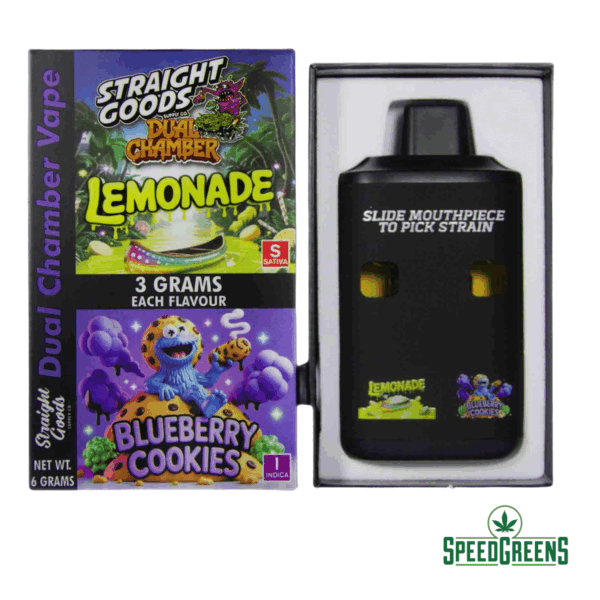 Straight Goods 6g dual-chamber THC vape with Lemonade (Sativa) and Blueberry